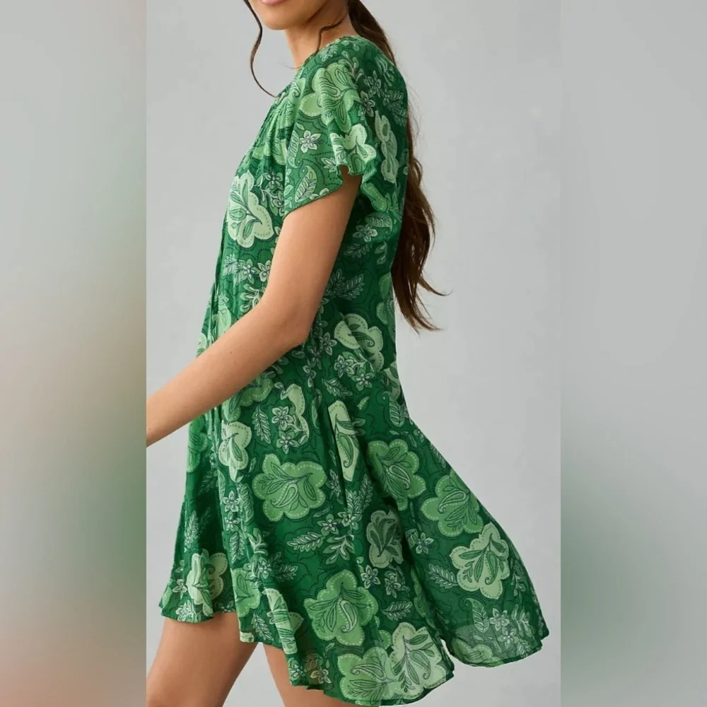 Sundry Anthropologie V Neck Mini Sling Dress Green Floral Size 3
